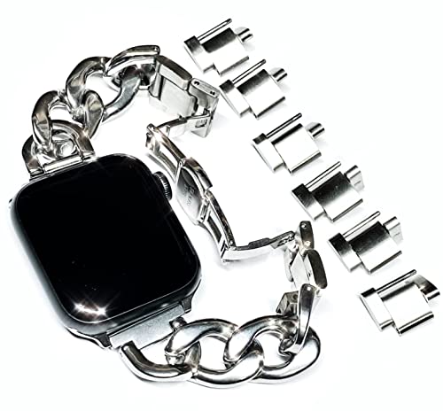 Royce&Roland Apple watch 高級 バンドチェーン (バタフライバックル/ステンレス シルバー) 長さ調整 工具不要/アップルウォッチ 鎖 ベルト (40mm 41mm 42mm) レディース メンズ/ギフト プレゼント (Series 11 10 9 8 7 6 5 4 SE Ultra)